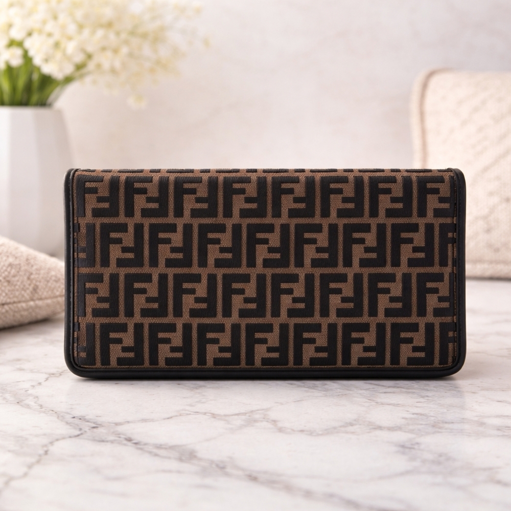 Fendi FF Vintage Zucca Brown Canvas Continental Long Wallet with Leather Trim
